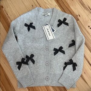 Girls Gray Cardigan Sweater with Black Bow Accents